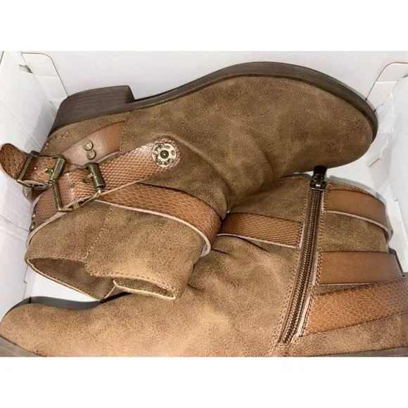 Blowfish Malibu Brown Veto Faux Suede Ankle Boots Side Zip Women 8 Buckle New - Picture 8 of 13